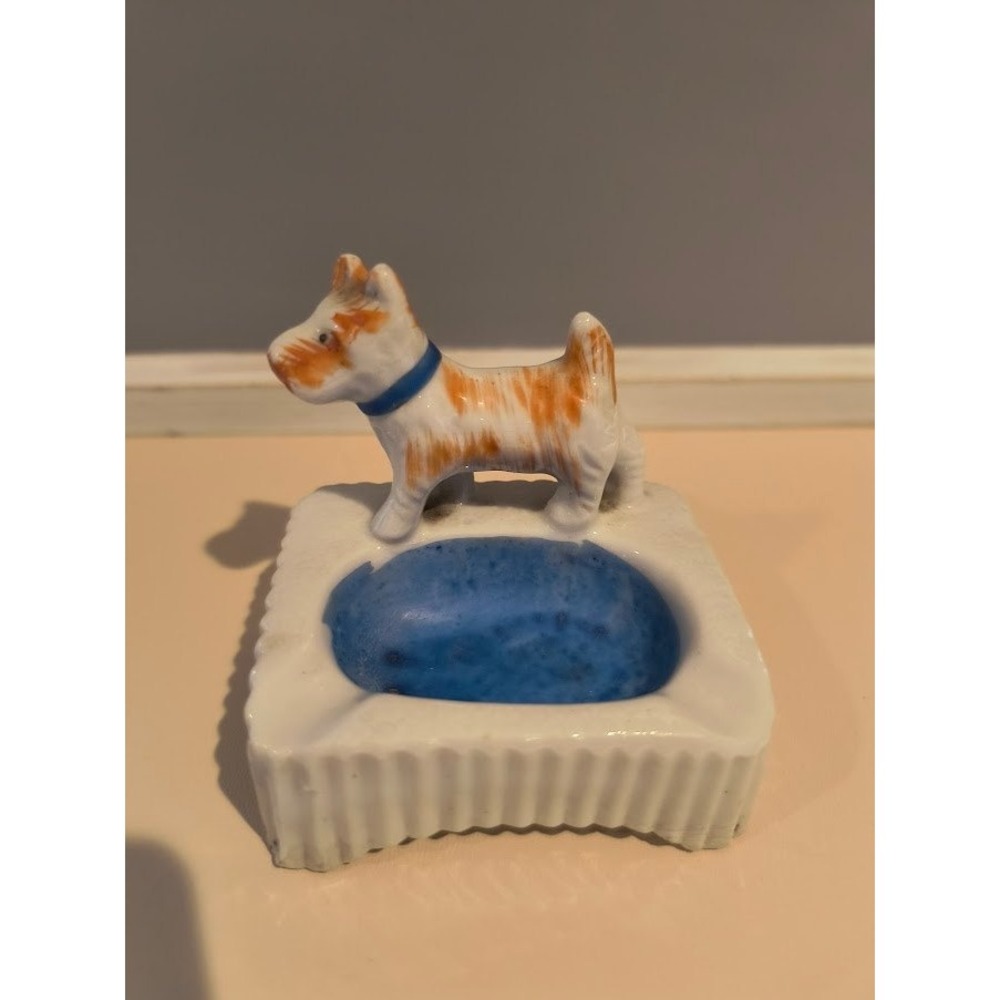 Small Ceramic Dog Ashtray Vintage White Base Terrier Figurine‎ with Blue Bowl
